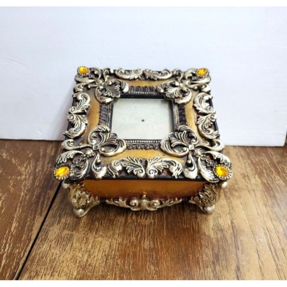 Vintage CBK Ornate Baroque Gold Filigree Footed Jewelry Trinket Box Amber Jewels